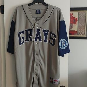 A grey and blue NLBM baseball jersey